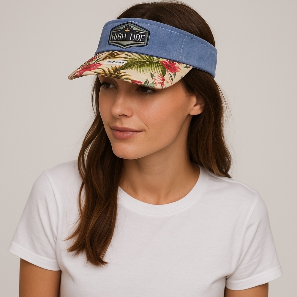 High Tide Floral Visor Hat Blue Strap Adjustable UPF 50+ 100% Cotton NWT